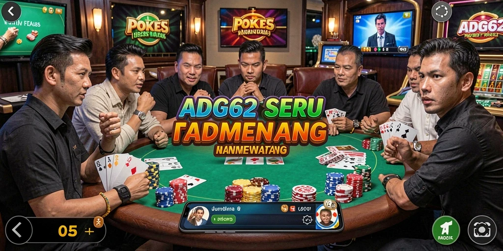 Screenshot gameplay poker dalam ADG62 yang menampilkan meja dan kartu.