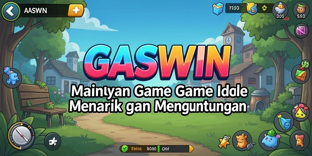 Tampilan gameplay GASWIN yang menarik dengan sistem pengumpulan sumber daya otomatis.