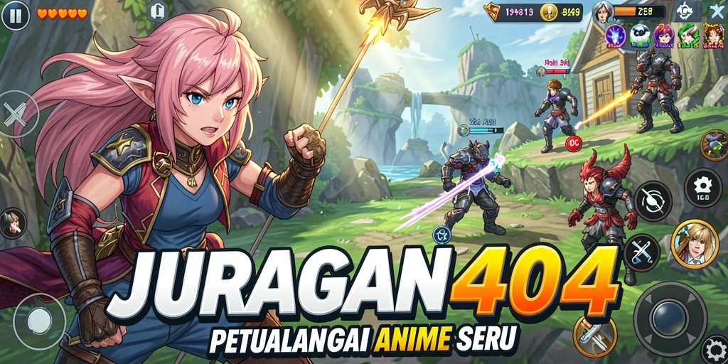 Tampilan permainan <strong>JURAGAN404</strong> yang penuh warna dan karakter anime.