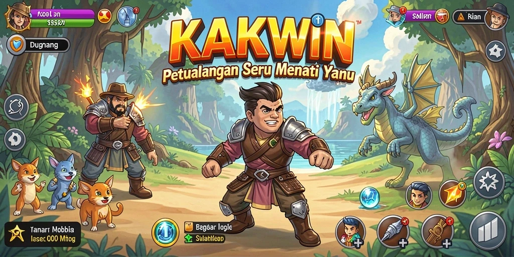 Screenshot utama KAKWIN menampilkan pemain dalam misi petualangan yang seru.