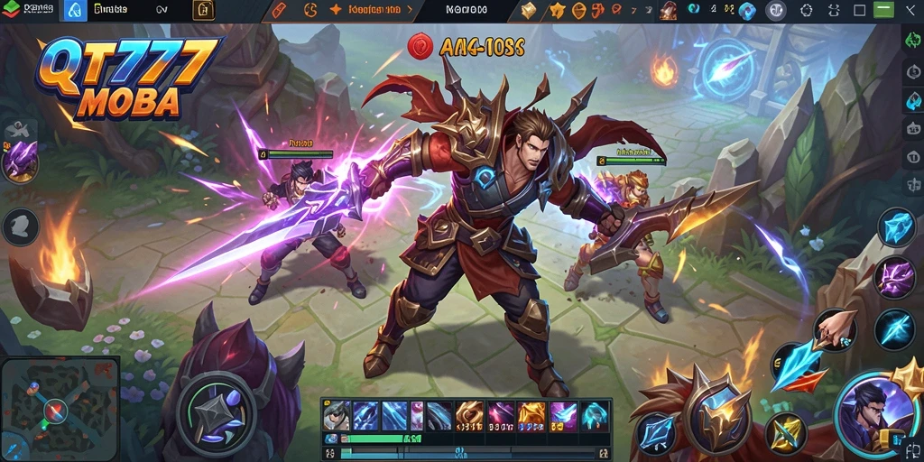 Screenshot QT777 menampilkan aksi gameplay MOBA yang menegangkan.
