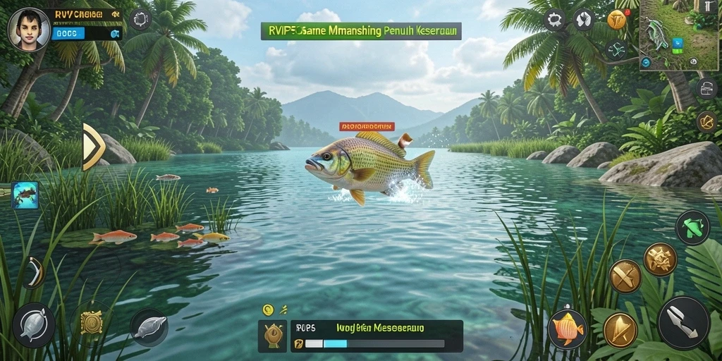 Screenshot gameplay RVIP5 yang menampilkan pengalaman memancing yang seru.