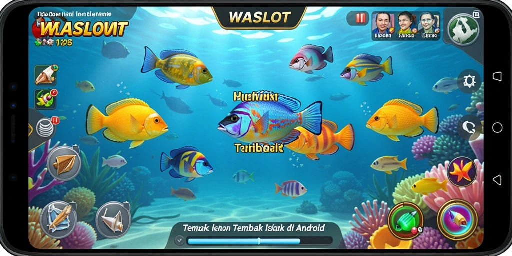 Tangkapan layar utama <strong>WASLOT</strong> menunjukkan keseruan menembak ikan.